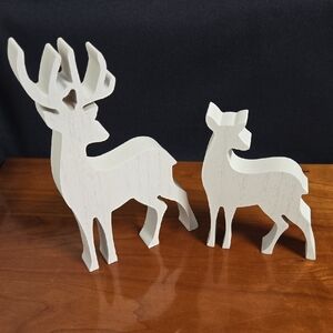 Set Of 2 Wood Deer Decor Freestanding Woodsy Neutral Distressed White Majestic